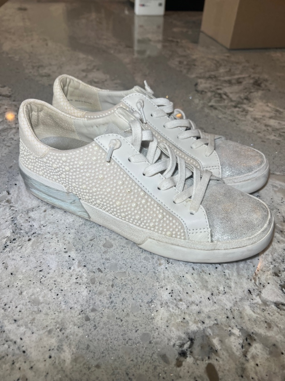 Dolce Vita Zina Pearl Embellished Sneakers - Vanilla Silver - Size 7.5